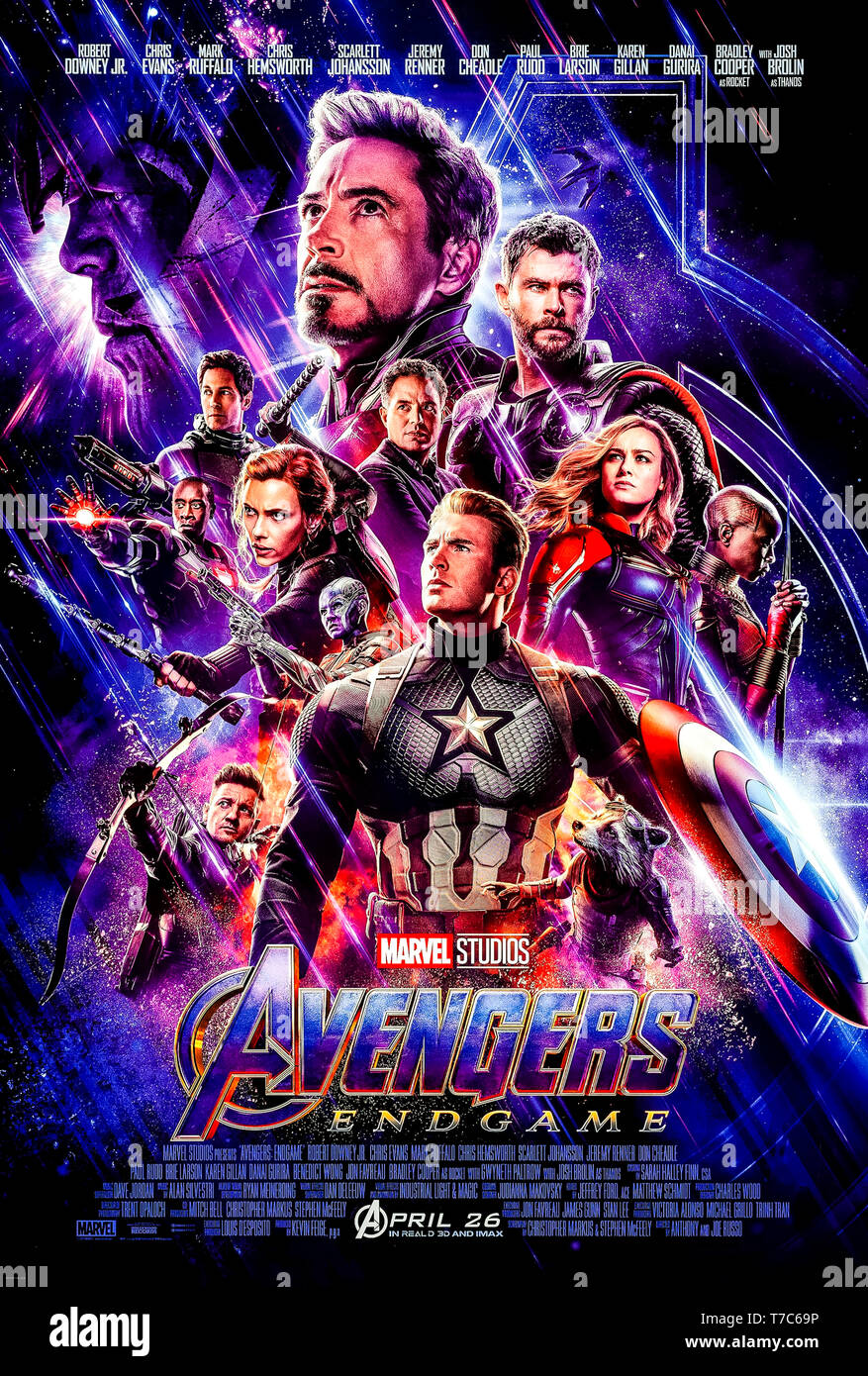 Avengers: Endgame (2019) directed  by Anthony and Joe Russo, starring Bradley Cooper, Brie Larson and Chris Hemsworth. Epic conclusion and 22nd film in the Marvel Cinematic Universe. Stock Photo