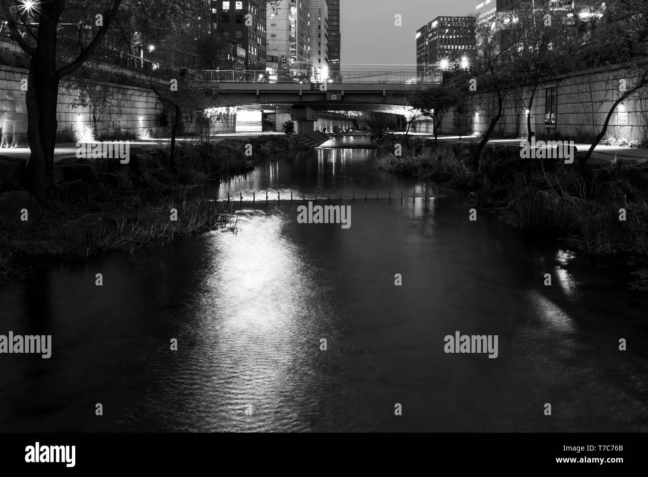 river in the city over night time, Seoul, South Korea Stock Photo