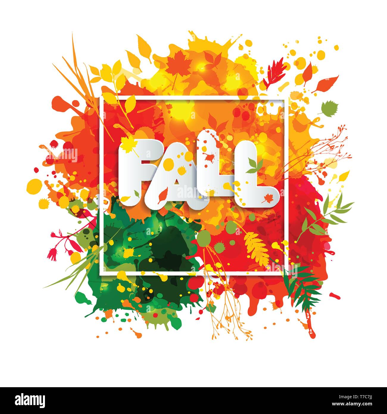 Text Fall in frame in paper style on multicolor blots background. Hand drawn grunge blots elrments.Fall style for autumn celebration. Stock Vector