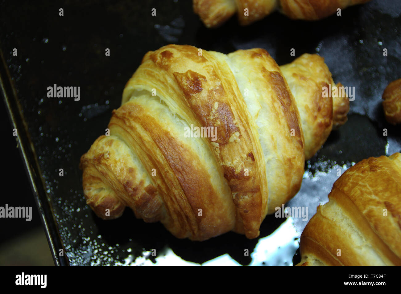 Hot croissant straight from the oven. Fresh french pastry. Stock Photo