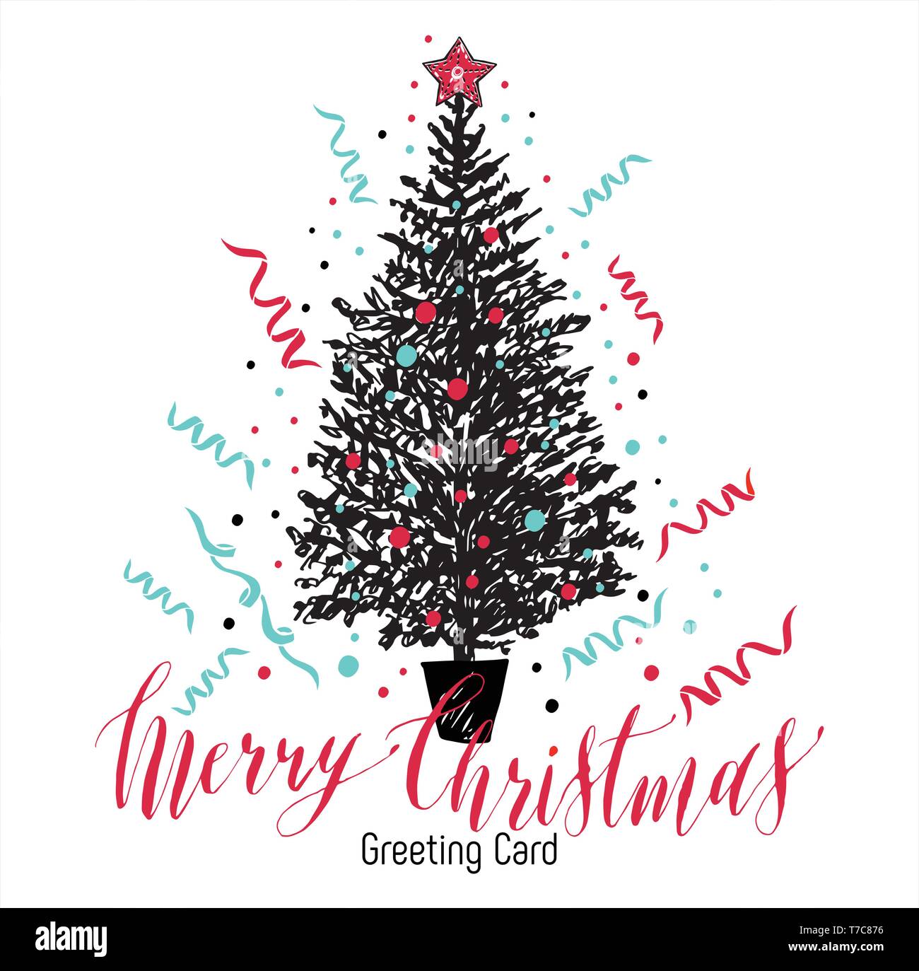 Hand drawn christmas card. New year tree with balls. Vector ...