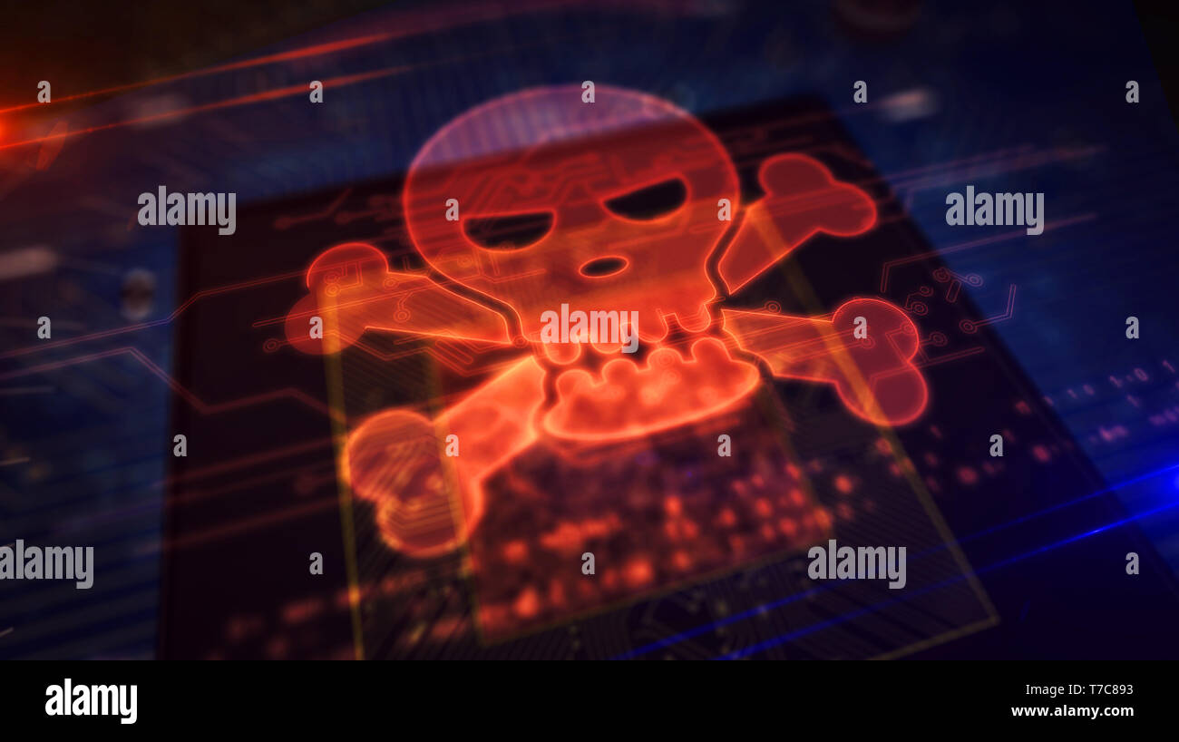 Cyber security concept with skull hologram over working cpu in background.  Crime, digital piracy, computer attack symbol animation. Futuristic circuit  Stock Photo - Alamy