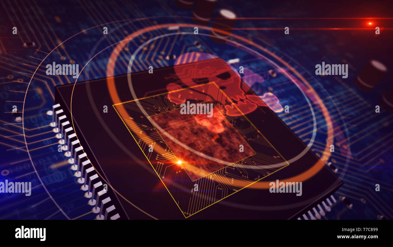 Cyber security concept with skull hologram over working cpu in background.  Crime, digital piracy, computer attack symbol animation. Futuristic circuit  Stock Photo - Alamy