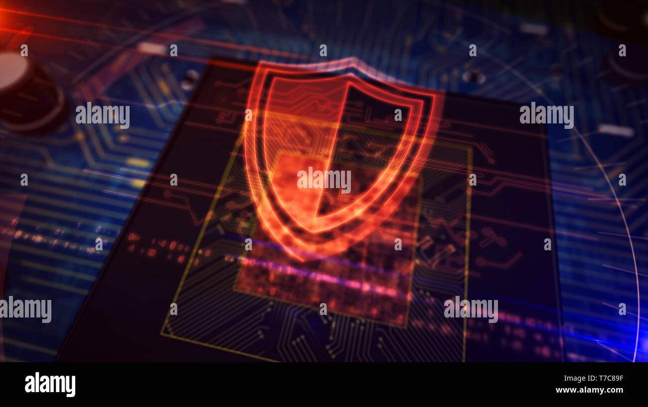 Cyber security concept with shield hologram over working cpu in ...