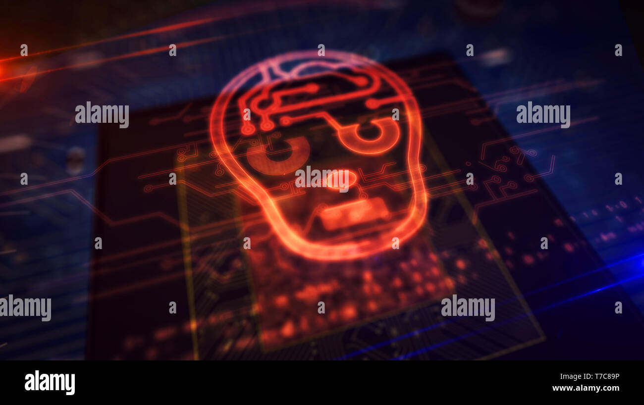 Artificial intelligence concept with ai head hologram display over working cpu in background. Cybernetic brain looping and seamless tunnel abstract an Stock Photo