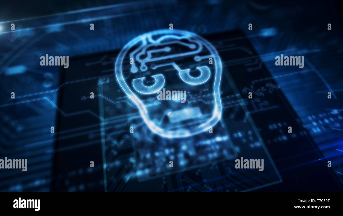 Artificial intelligence concept with ai head hologram display over working cpu in background. Cybernetic brain looping and seamless tunnel abstract an Stock Photo