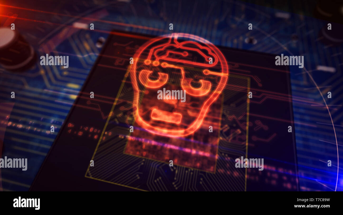 Artificial intelligence concept with ai head hologram display over working cpu in background. Cybernetic brain looping and seamless tunnel abstract an Stock Photo