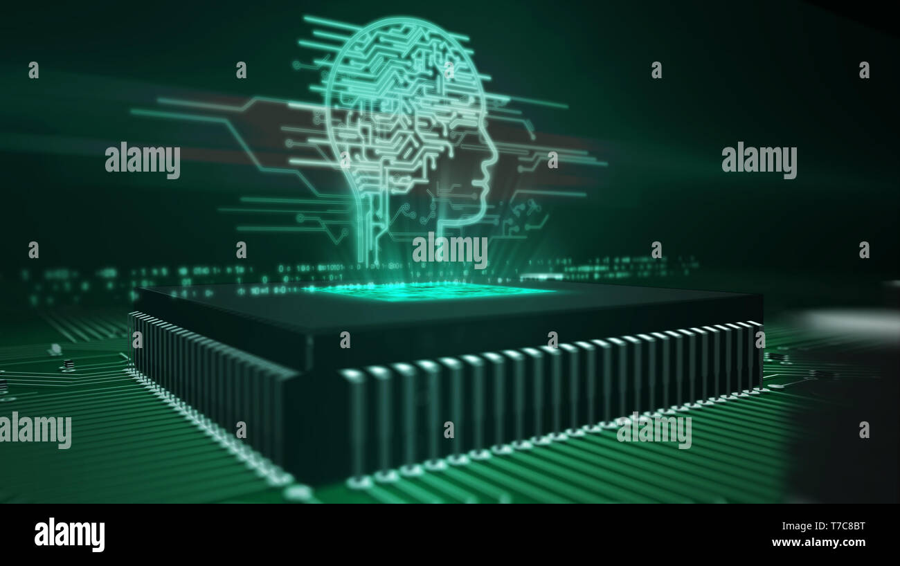 Artificial intelligence, deep learning and cybernetic brain concept with ai head hologram over working cpu in background. Circuit board 3d illustratio Stock Photo