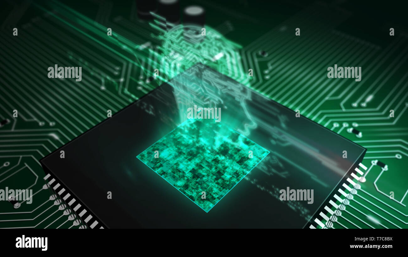 Artificial intelligence, deep learning and cybernetic brain concept with ai head hologram over working cpu in background. Circuit board 3d illustratio Stock Photo