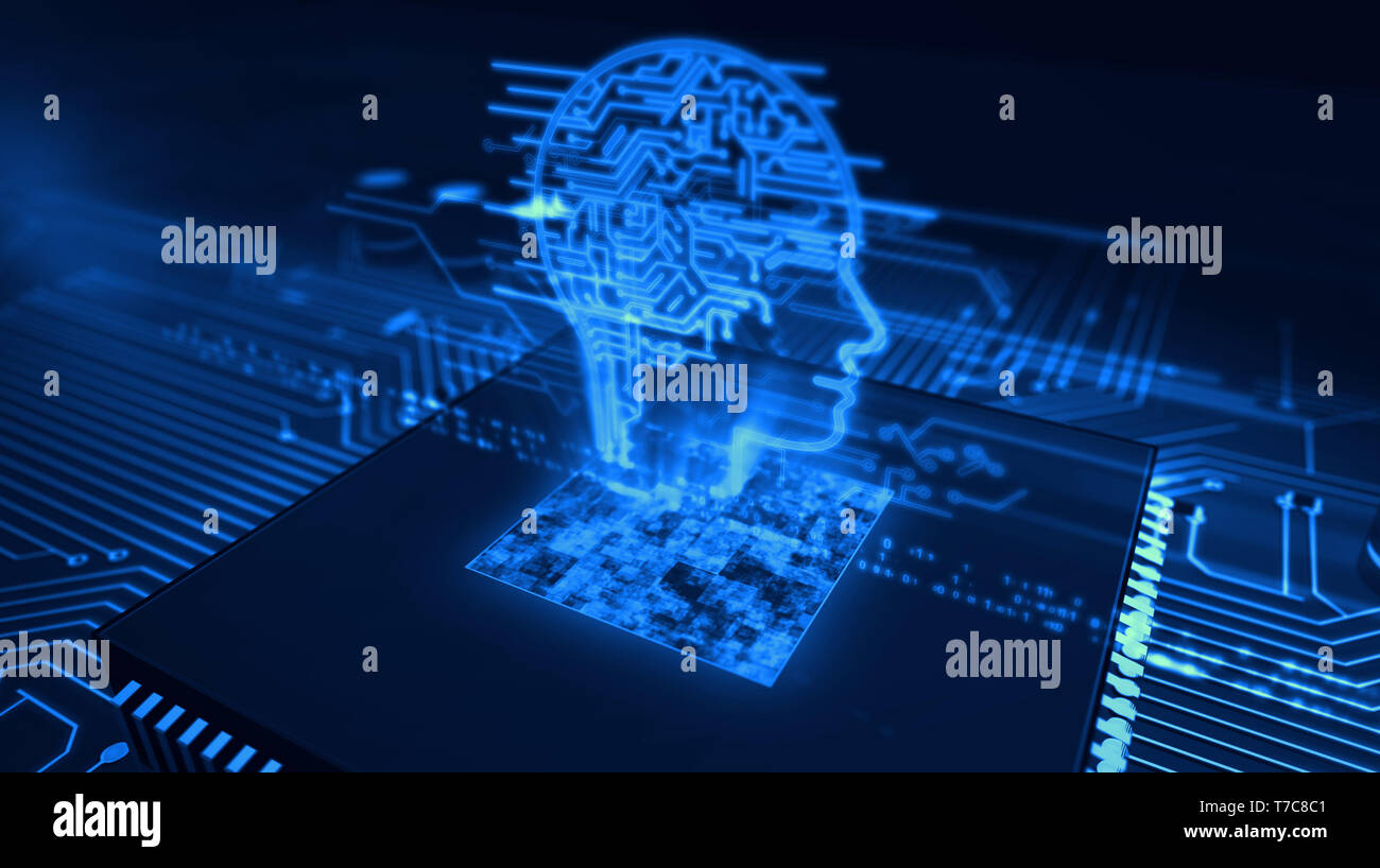 Artificial intelligence, deep learning and cybernetic brain concept with ai head hologram over working cpu in background. Circuit board 3d illustratio Stock Photo