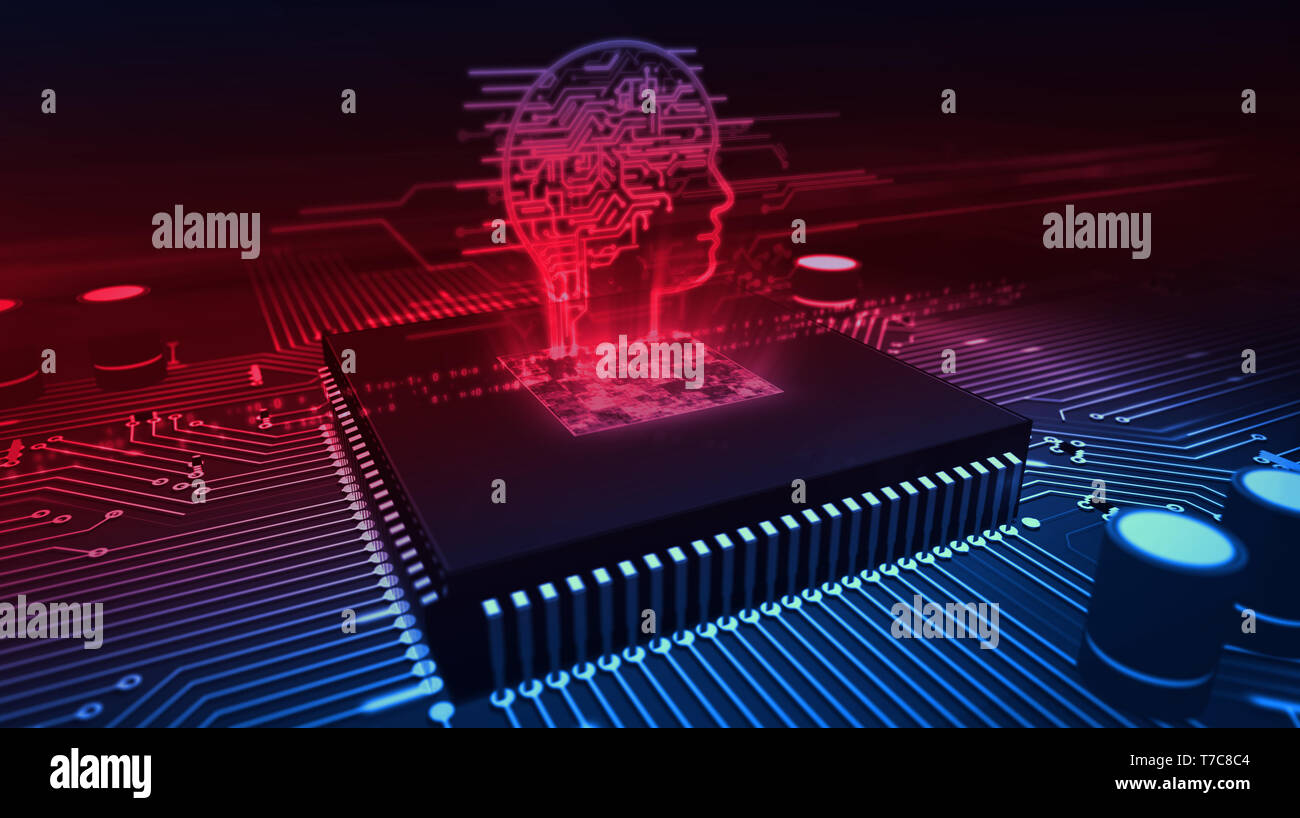 Artificial intelligence, deep learning and cybernetic brain concept with ai head hologram over working cpu in background. Circuit board 3d illustratio Stock Photo