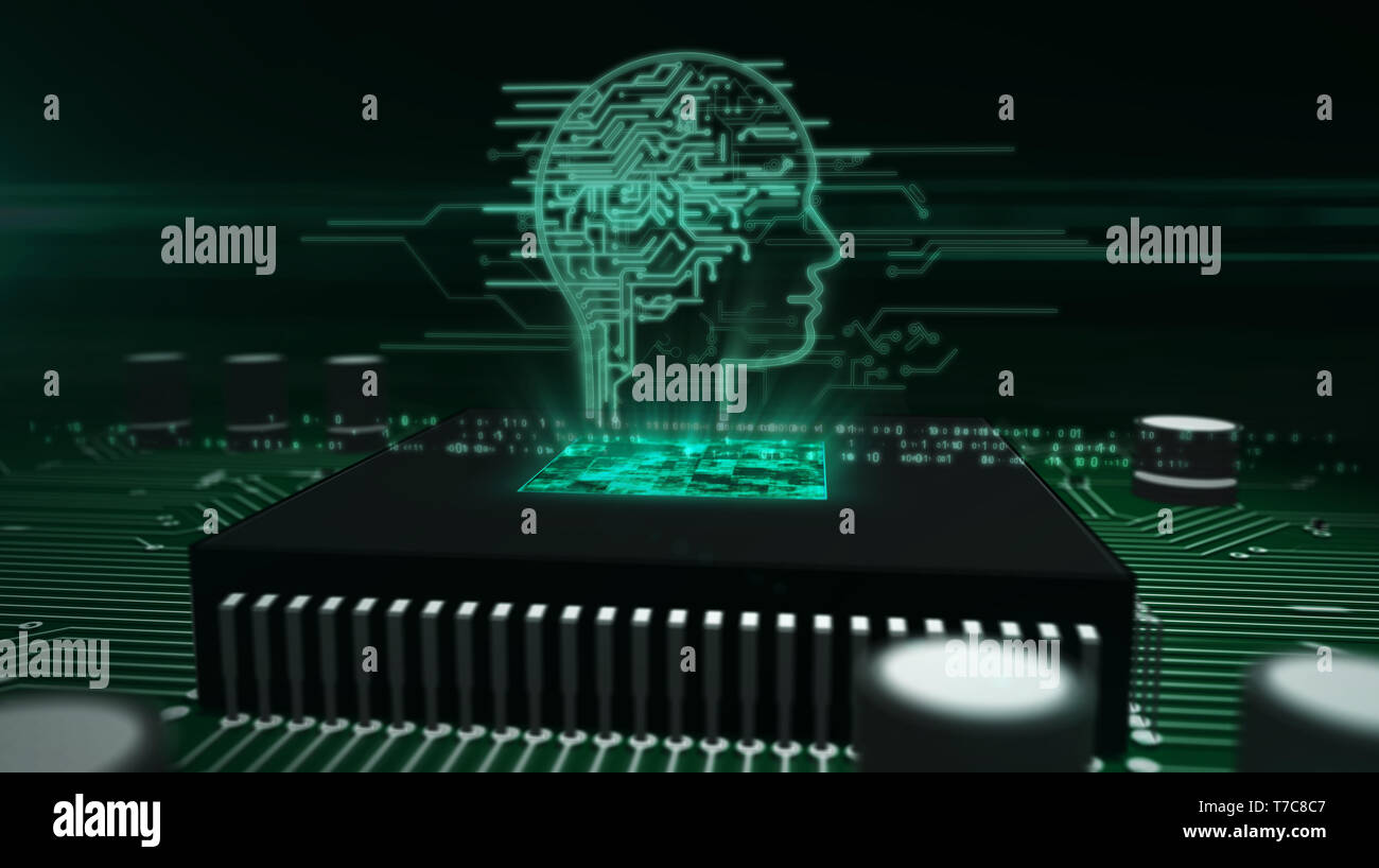 Artificial intelligence, deep learning and cybernetic brain concept with ai head hologram over working cpu in background. Circuit board 3d illustratio Stock Photo