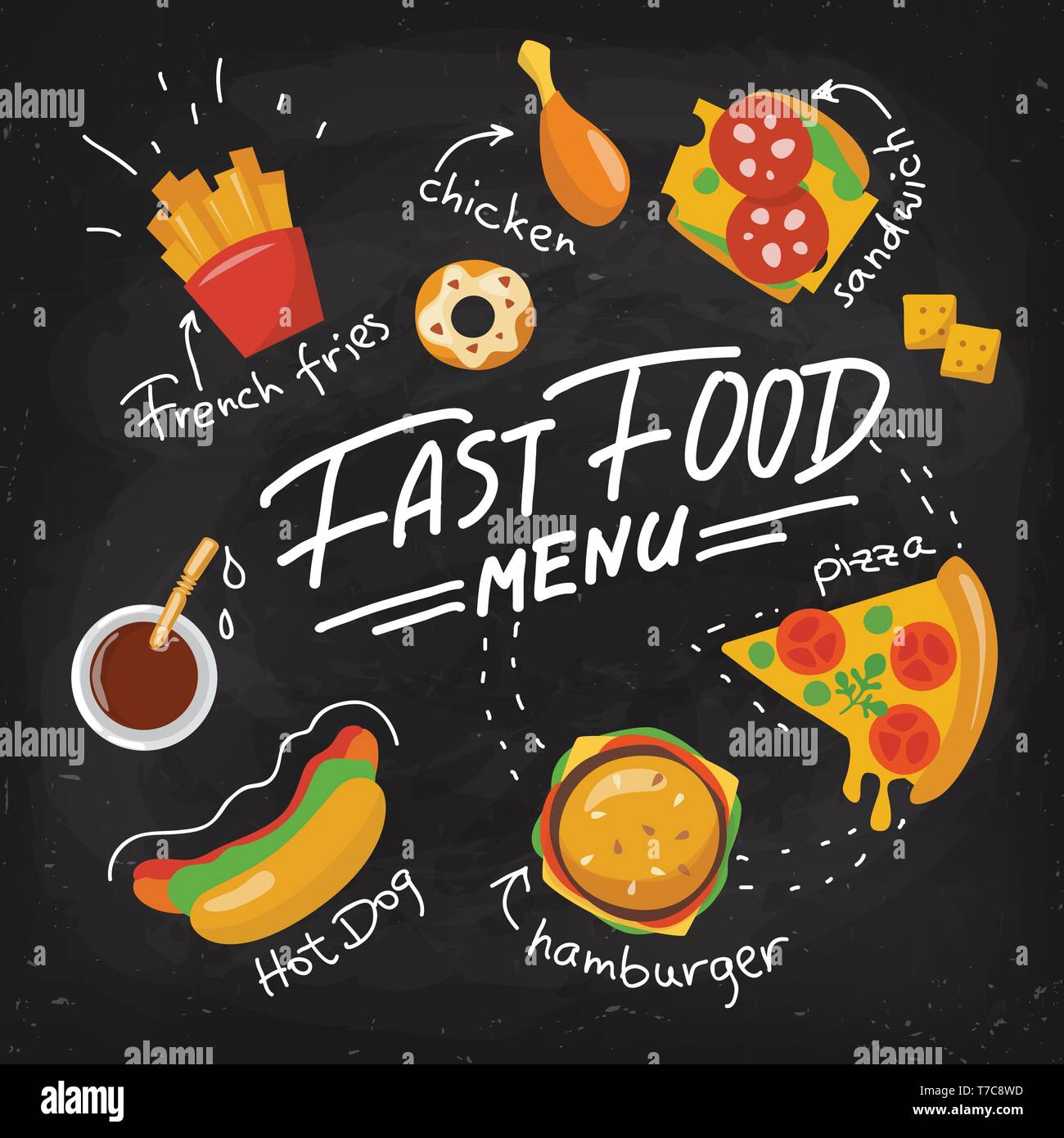 Vector chalkboard food poster with fast food elements Stock Vector