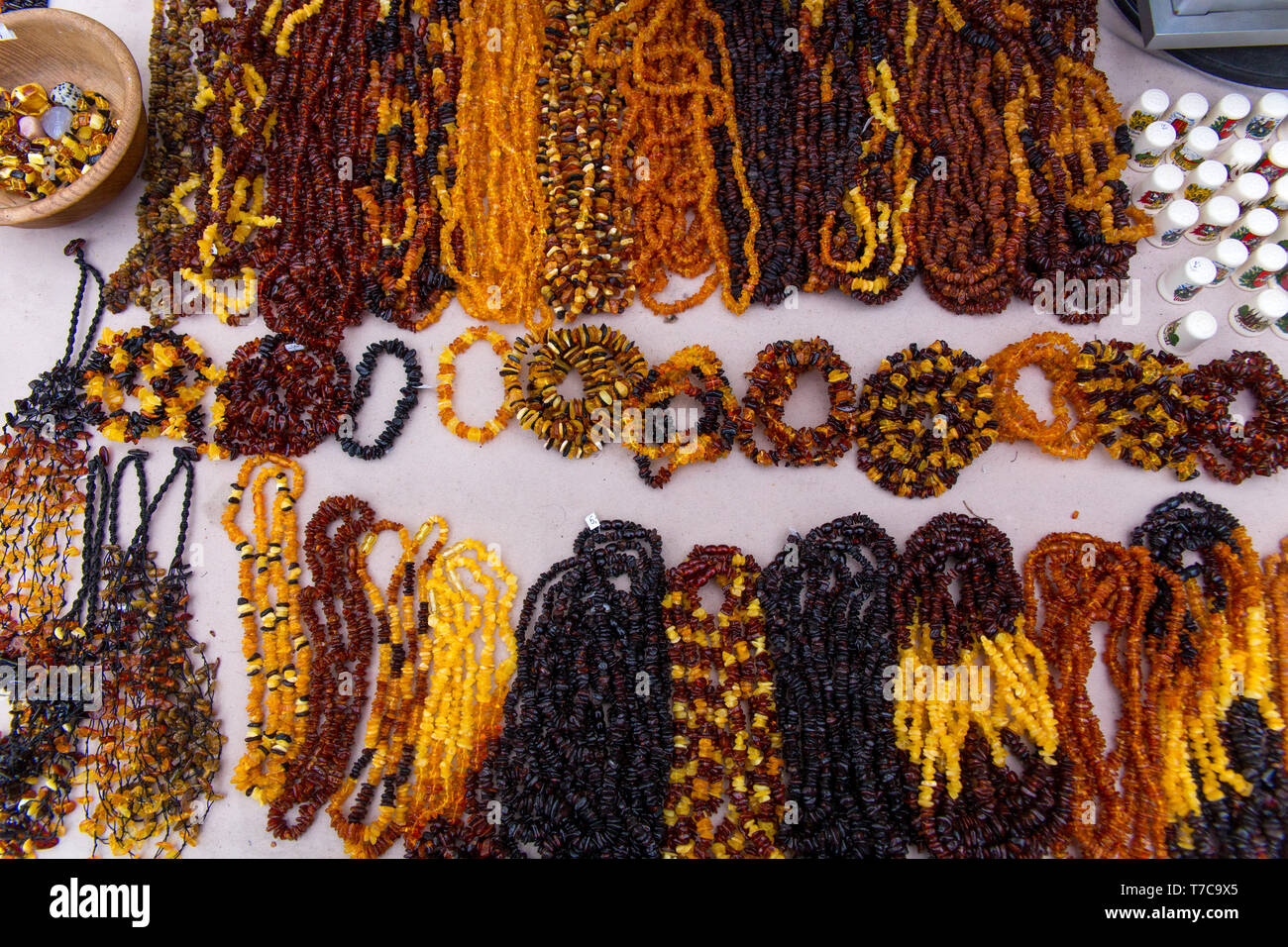 Trakai, Lithuania - Mart 17, 2019: Amber necklaces and souvenirs at the  street bazaar on promenade Stock Photo - Alamy
