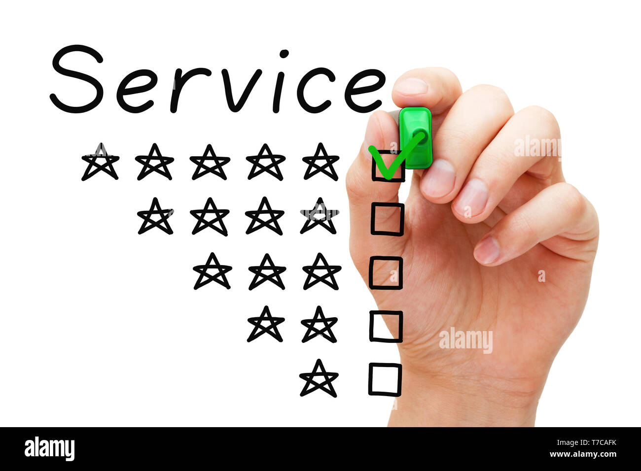 Satisfied client putting green check mark with marker on five star rating in evaluation feedback form. Customer service satisfaction business concept. Stock Photo