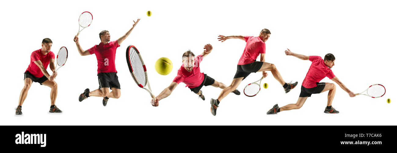 Getting higher. Caucasian young tennis player of red team in action and