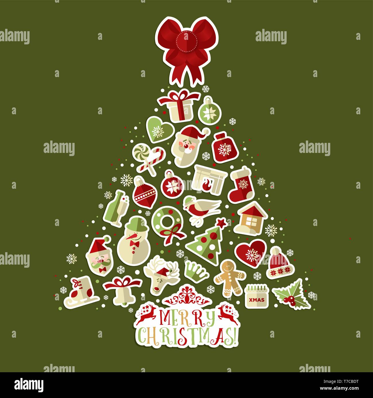 Christmas illustration of tree with stickers. Vector set of icons Stock ...