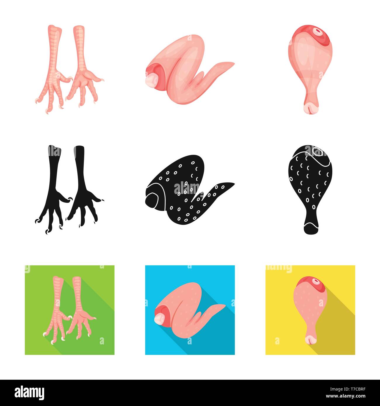 Paws Chicken Leg Wing Skin Fresh Recipe Farm Shop Thanksgiving Menu Dietary Fried Crispy Dinner Dish Cafe Cooked Product Poultry Restaurant Agriculture Meat Raw Food Grilled Cuisine Bird Set Vector Icon Illustration Isolated Collection Design Element