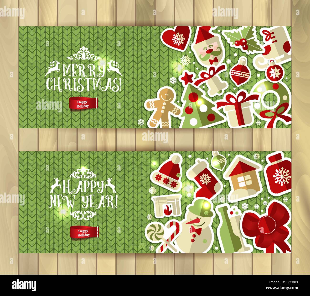 Christmas Banner Set On Green Knitting Texture Vector Set Of