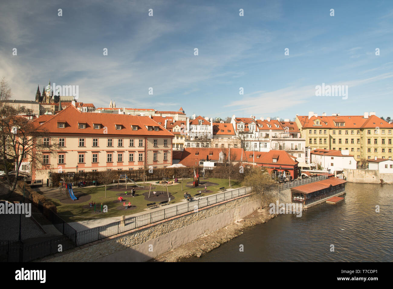 beautiful Praha city scenery with Prazsky hrad on the background from Karluv most bridge in Czech republic during nice early spring day Stock Photo