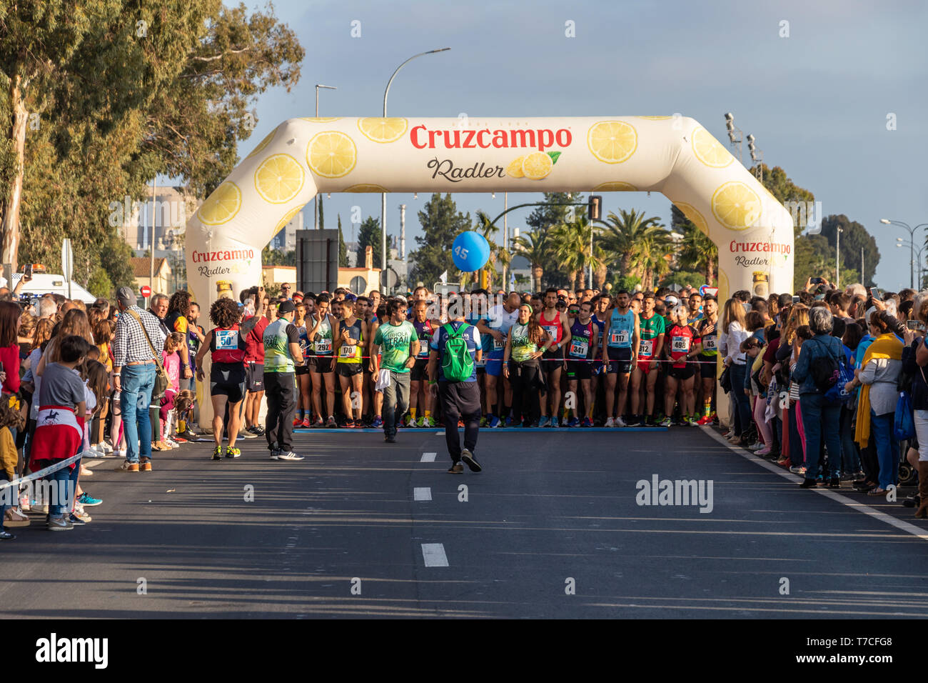 Huelva, Spain - May 4, 2019:  Runners at the start of the Huelva solidary 10K Run on May 2019. The first 10K race held in Huelva Stock Photo