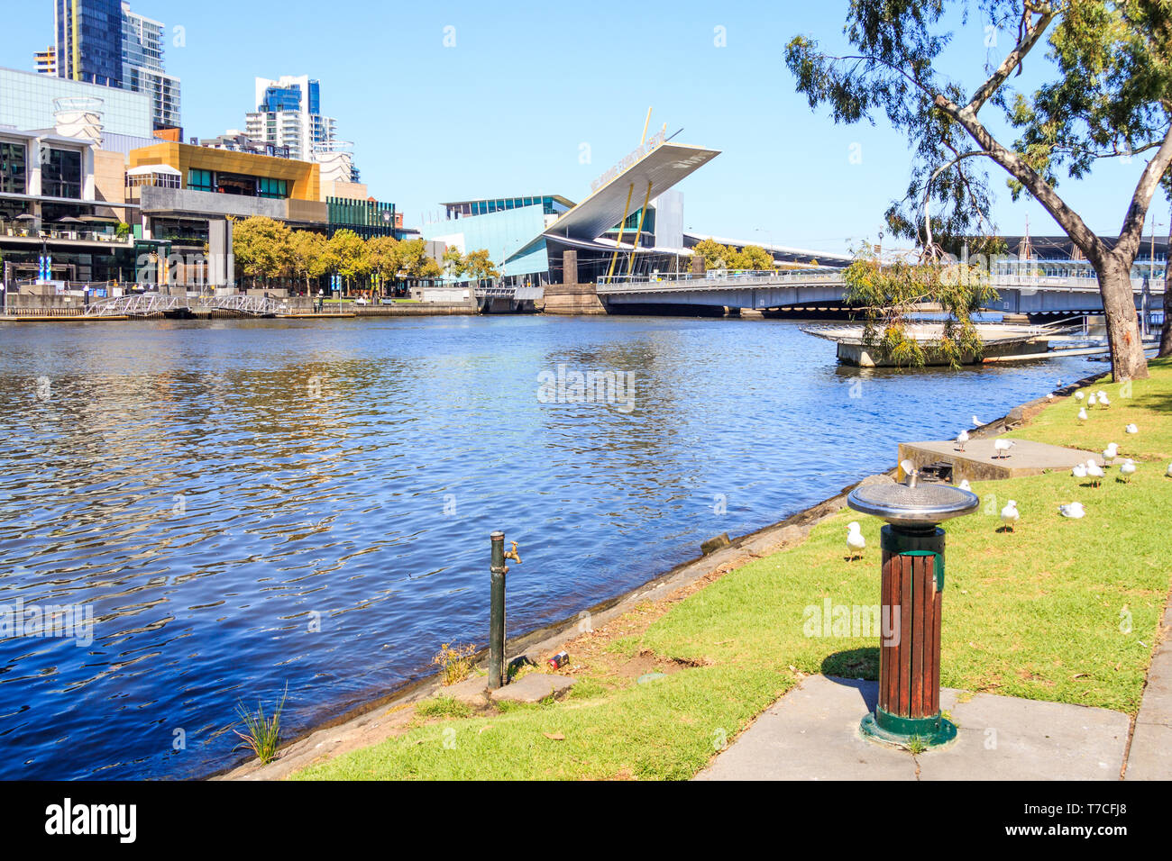 Melbourne, Australia - 20th March 2013: View of the Yarra River from Batman Park. The Melbourn Exhibition Centre is across the river. Stock Photo