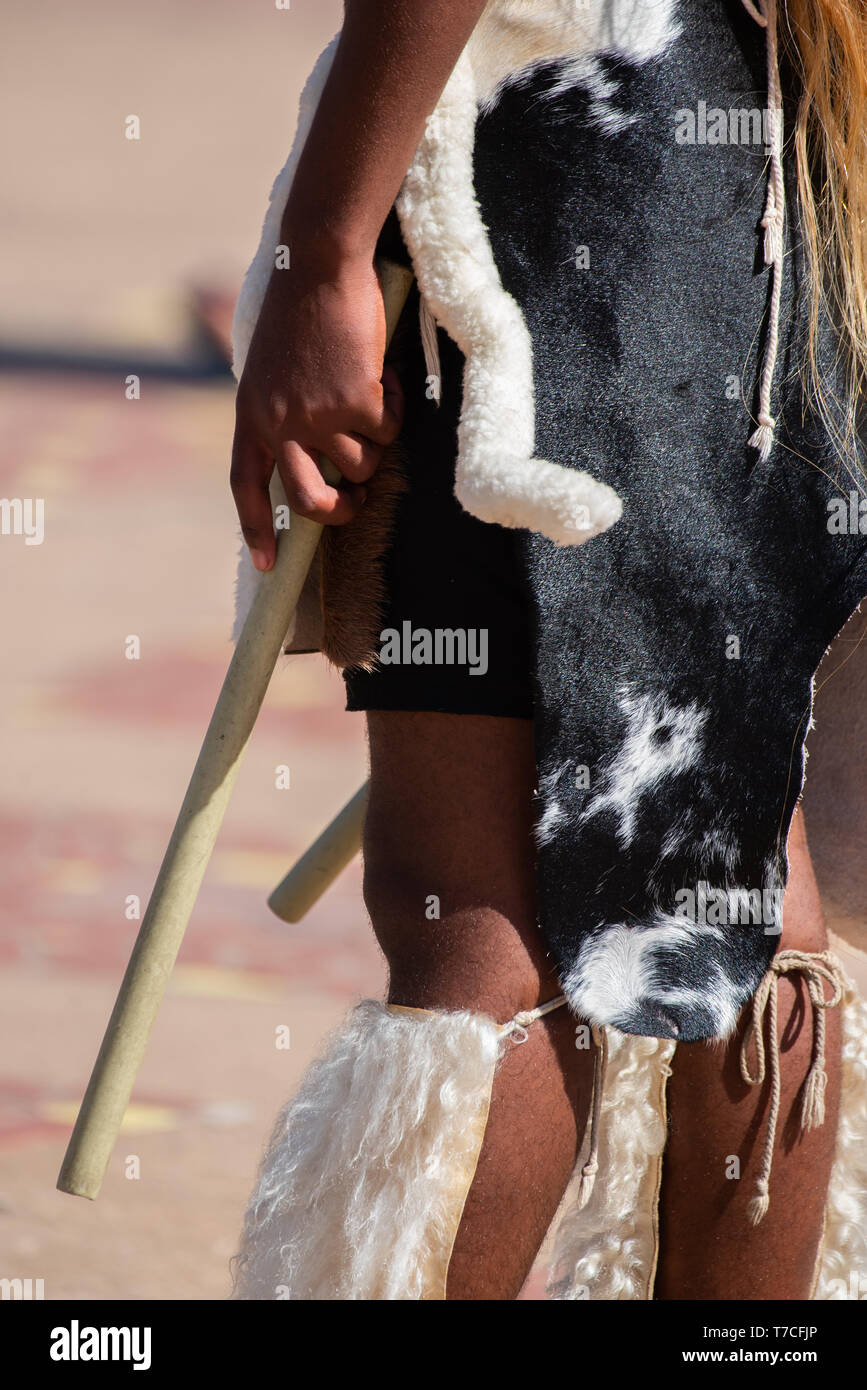 Zulu drummers provide vibrant and passionate accompanyment for dancers at Durban's waterfront. Stock Photo