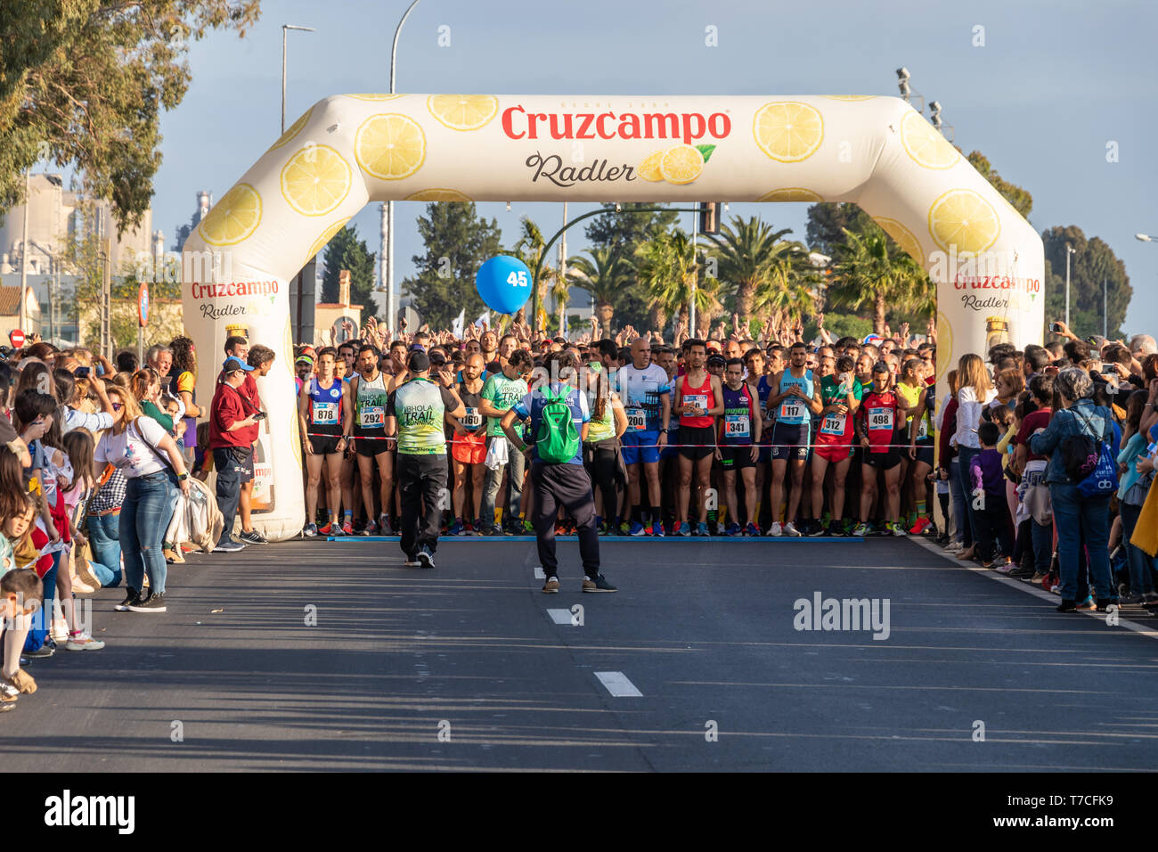 Huelva, Spain - May 4, 2019:  Runners at the start of the Huelva solidary 10K Run on May 2019. The first 10K race held in Huelva Stock Photo
