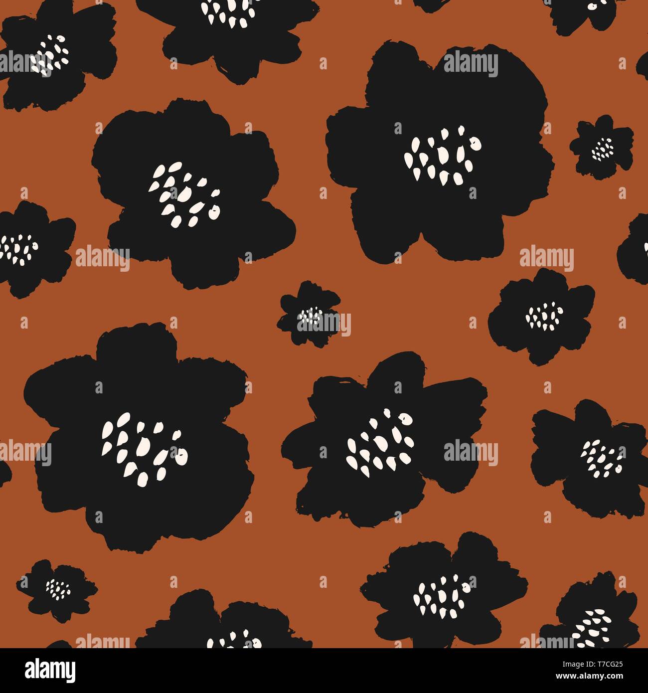 Seamless Repeating Pattern With Hand Painted Black Flower Blossoms