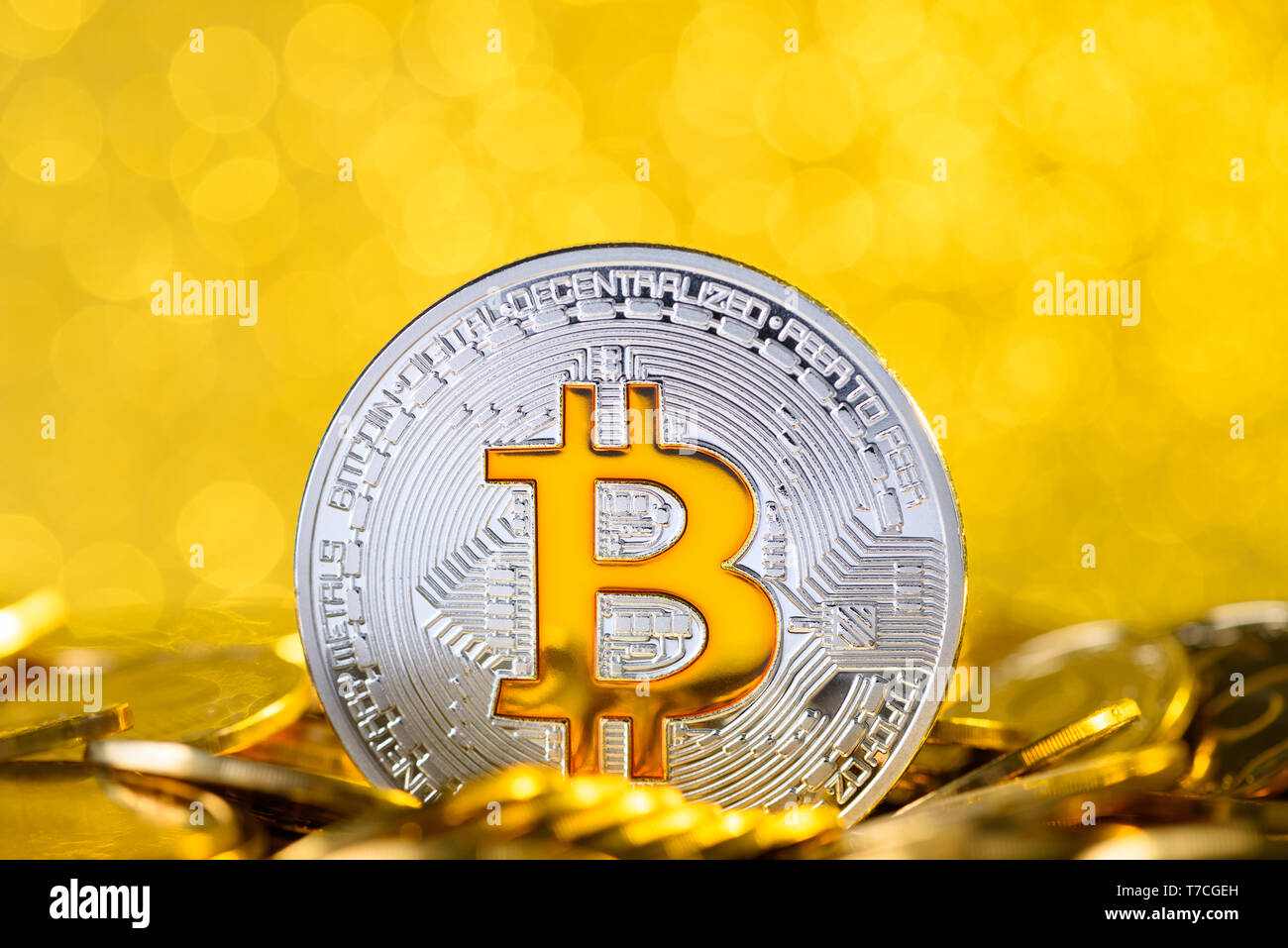 Golden bitcoin in pile of coins on background of BNP Paribas bank logo  Stock Photo - Alamy