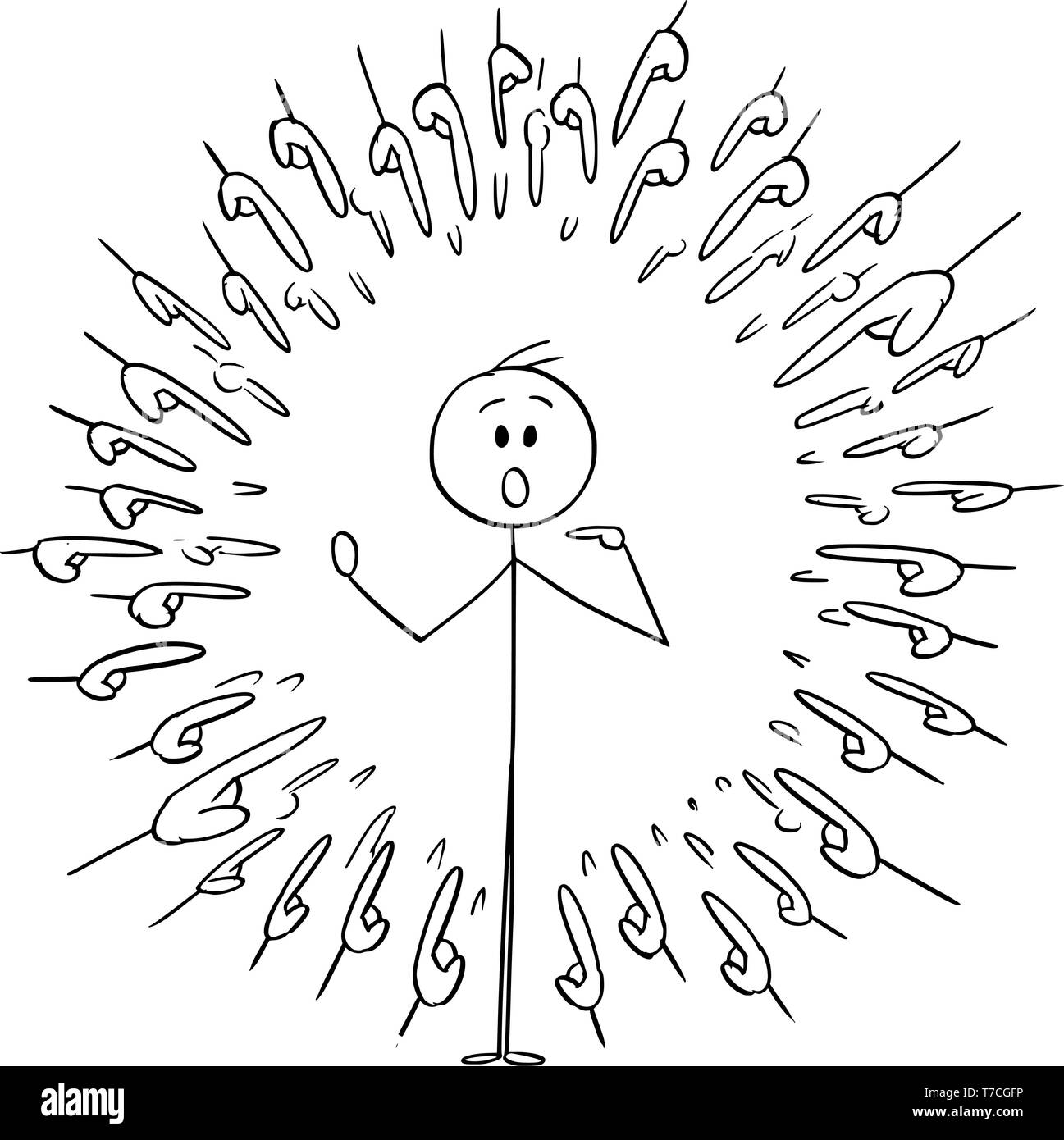 Cartoon stick figure drawing conceptual illustration of shocked man and many hands and fingers pointing at him as metaphor of selection or blame. Stock Vector