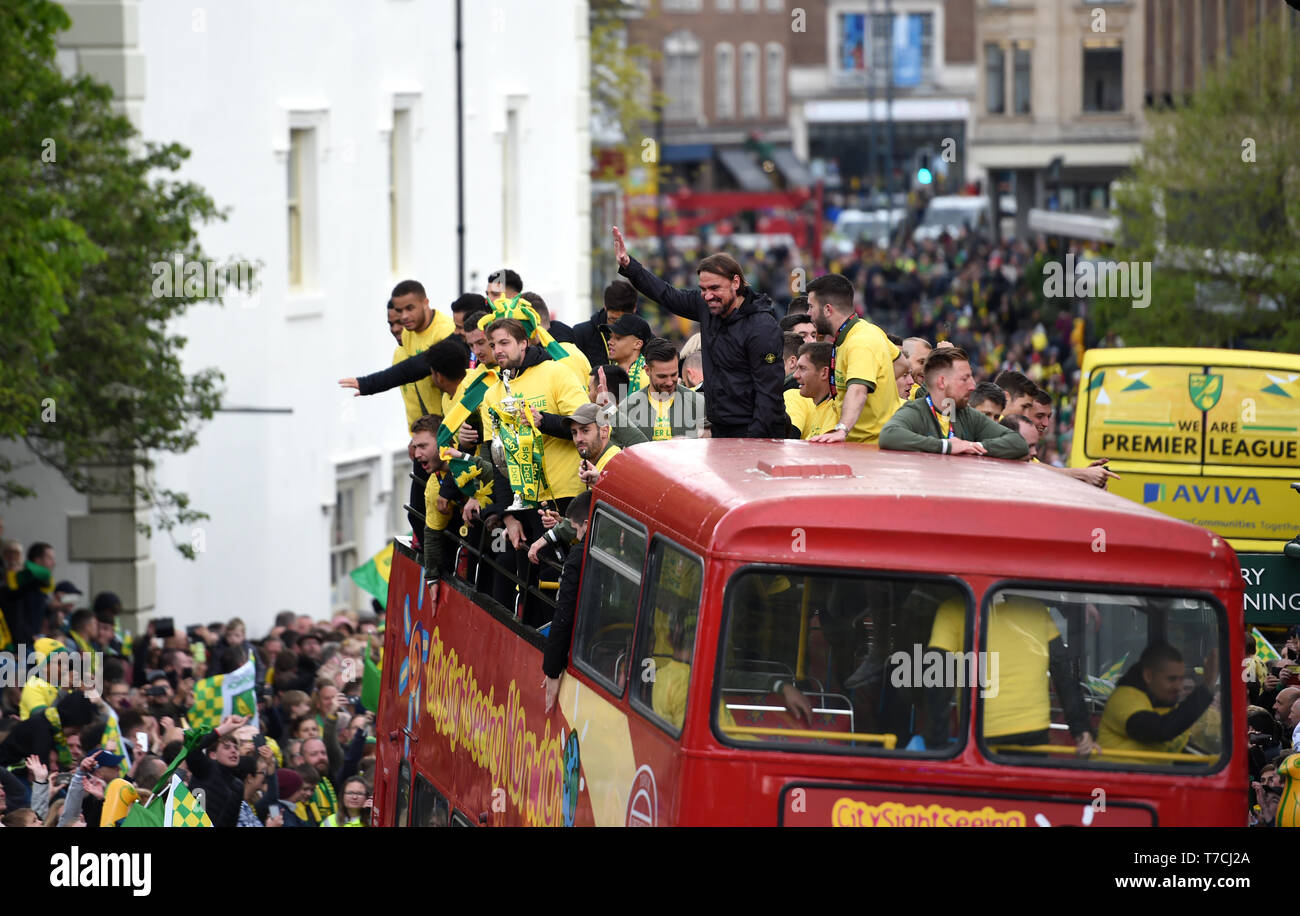 Norwich City manager Daniel Farke during the promotion parade in ...