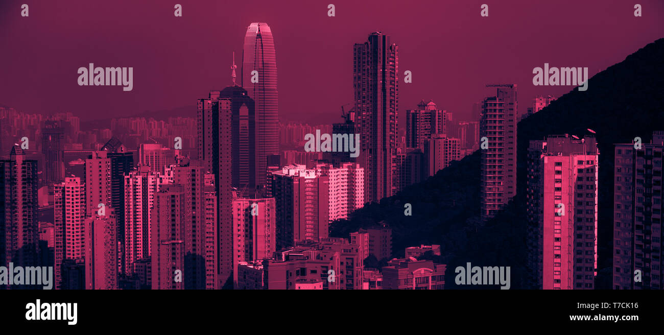 Hong Kong Skyline View From Victoria Peak Vintage Looking Image With Washed Out Colors And Red Color Cast Stock Photo Alamy
