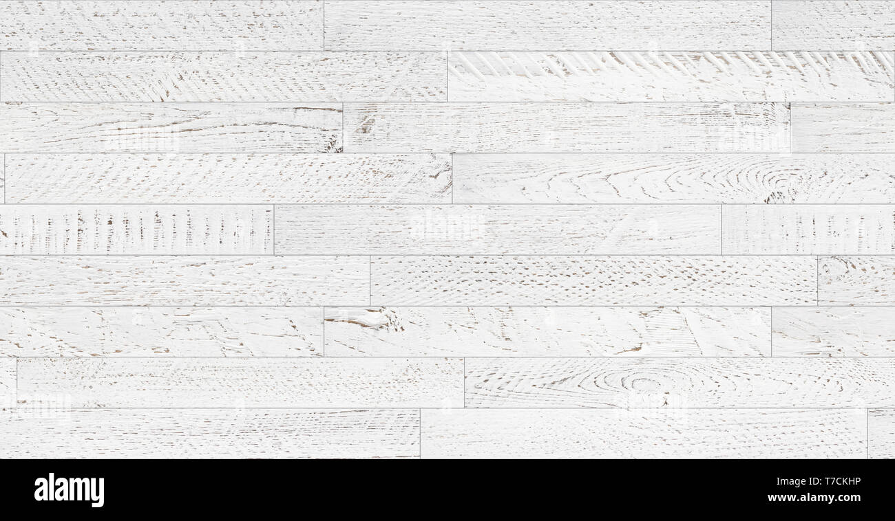 Seamless wood planks texture. Vintage white painted and softly weared tileable white wooden background flatlay top view. Stock Photo