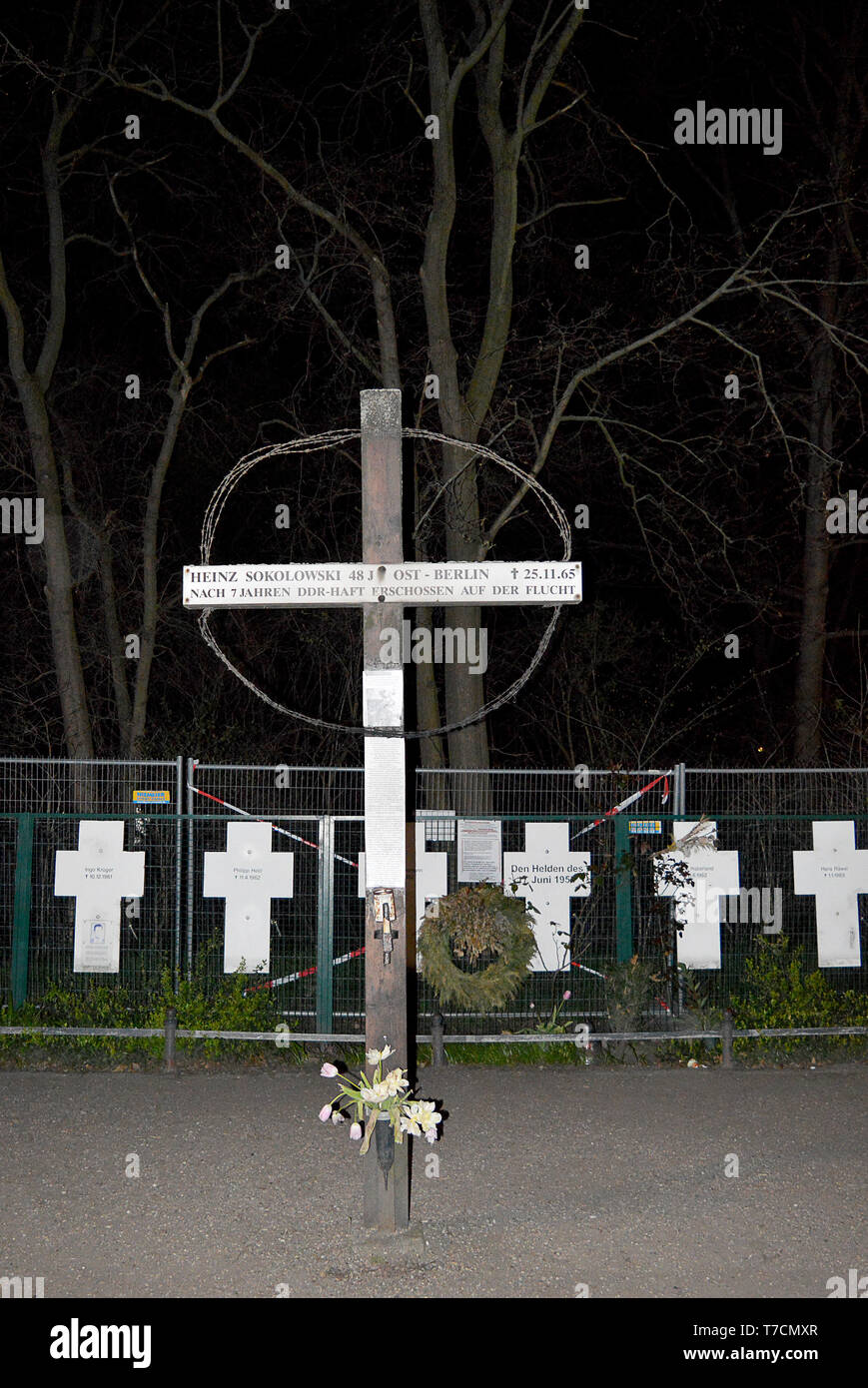 BERLIN, GERMANY - 2 APRIL 2019: A cross commemorating Heinz Sokolowski, the 64th known person to be murdered trying to cross to the west. Stock Photo