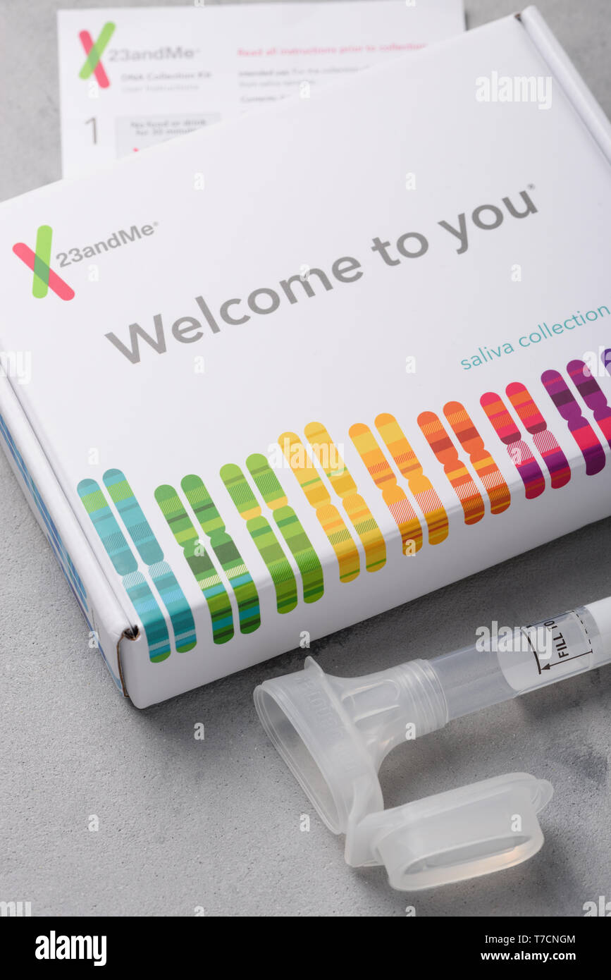 Kiev, Ukraine - 17 October 2018: 23andMe genome saliva collection kit with tube box and instructions. Illustrative editorial. Stock Photo
