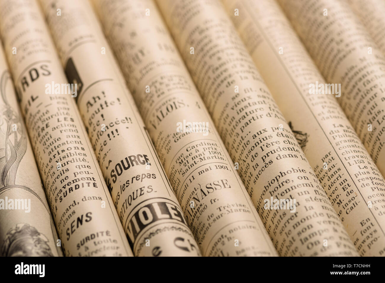 Kiev, Ukraine - 17 October 2018: Antique french journal L Illustration from April 1901 folded pages with news and retro advertisement. Illustrative ed Stock Photo