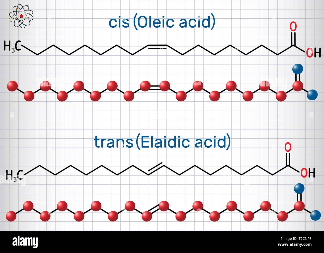 Oleic acid (cis ) and elaidic acid (trans), omega-9 fatty acids are  geometric isomers. Structural chemical formula and molecule model. Sheet of  paper Stock Vector Image & Art - Alamy