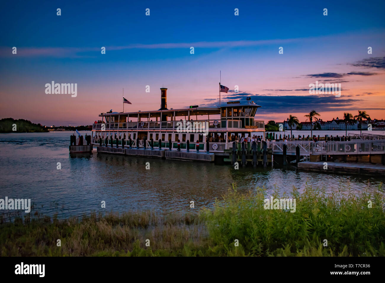 Orlando, Florida. April 23, 2019. People boarding Disney Ferry boat on