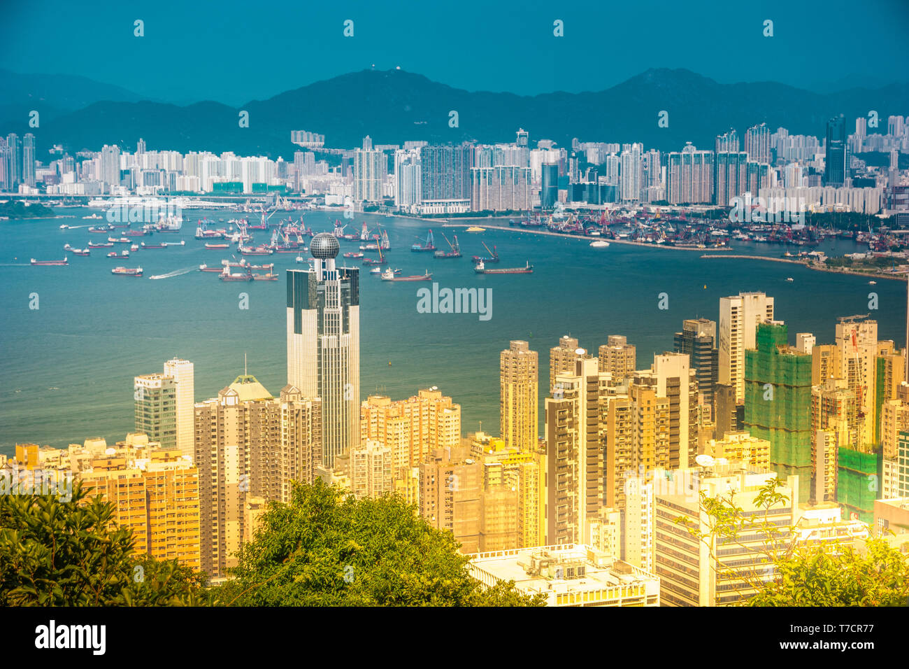 Hong Kong Skyline View From park in Victoria Peak. Kowloon districts