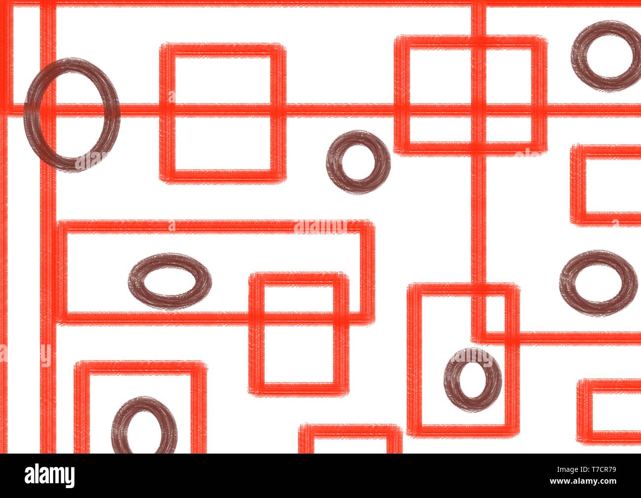 Abstract painting on white background with red lines and darker circles ...