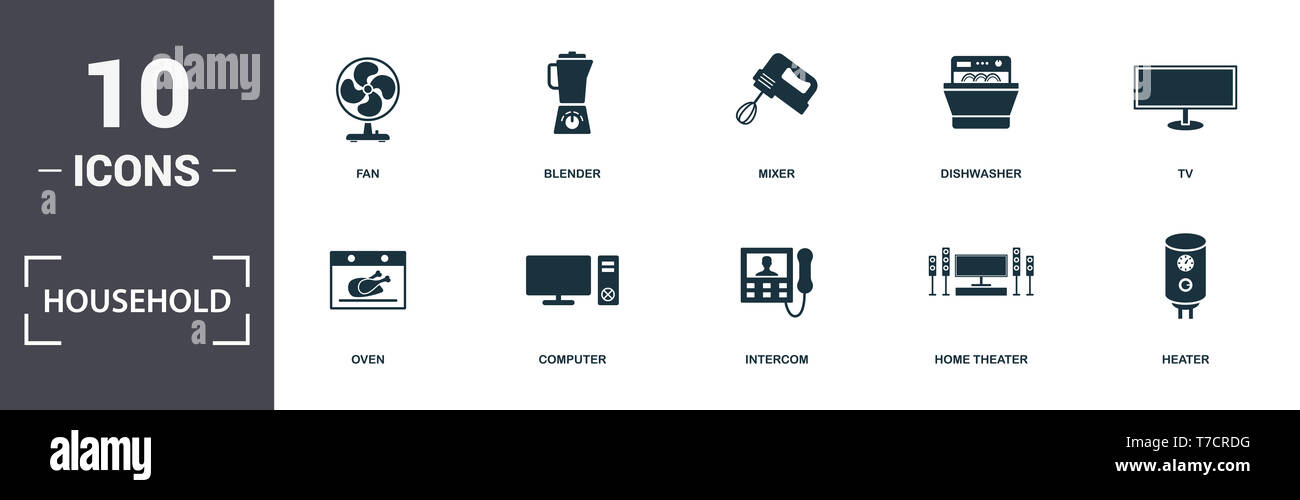 Household icons set collection. Includes simple elements such as Fan, Blender, Mixer, Dishwasher, Tv, Computer and Intercom premium icons. Stock Photo