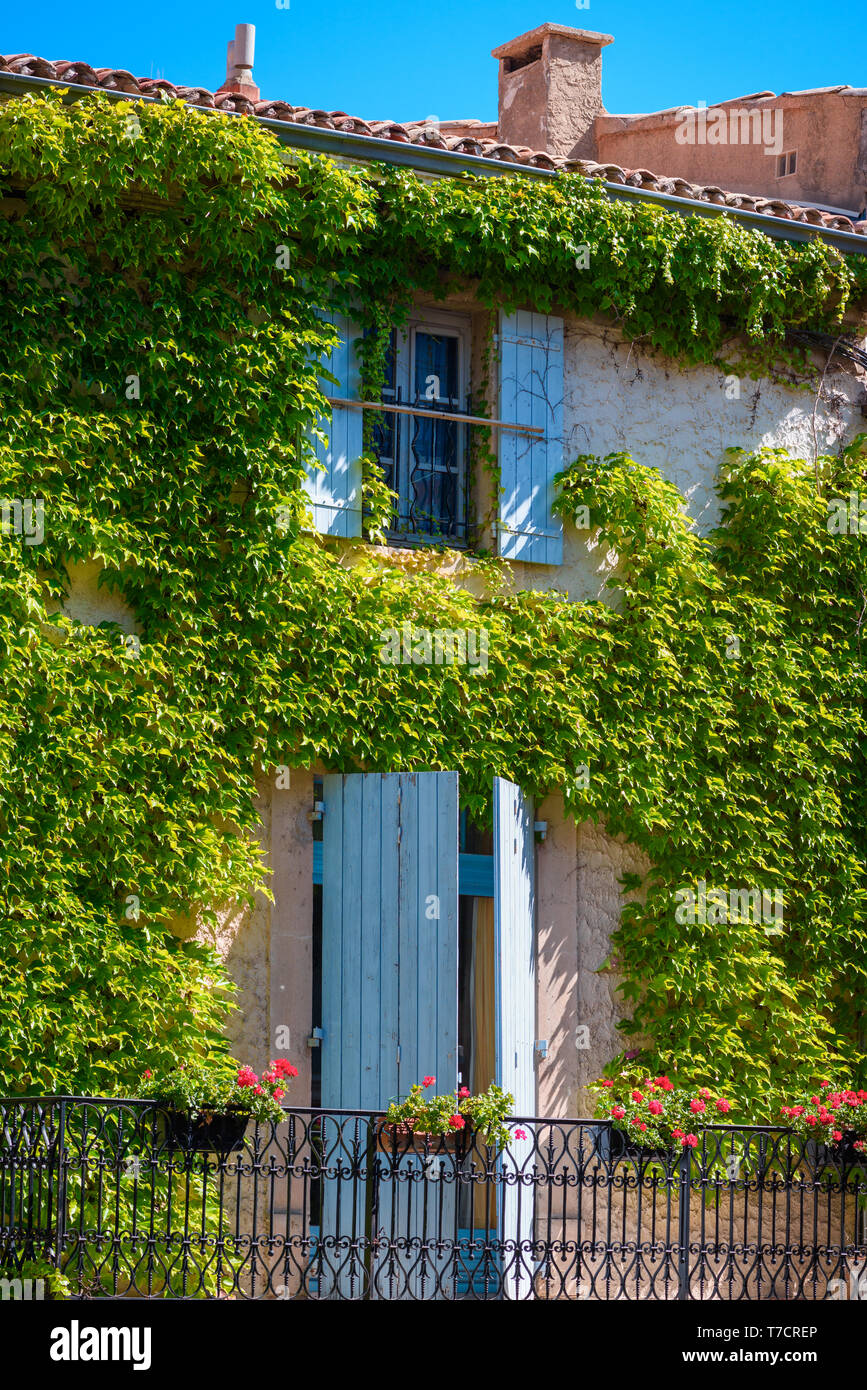 Beautiful south mediterranean house facade in green ivy Stock Photo