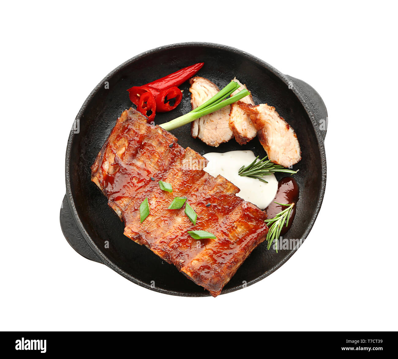 Frying pan with delicious grilled ribs on white background Stock Photo ...