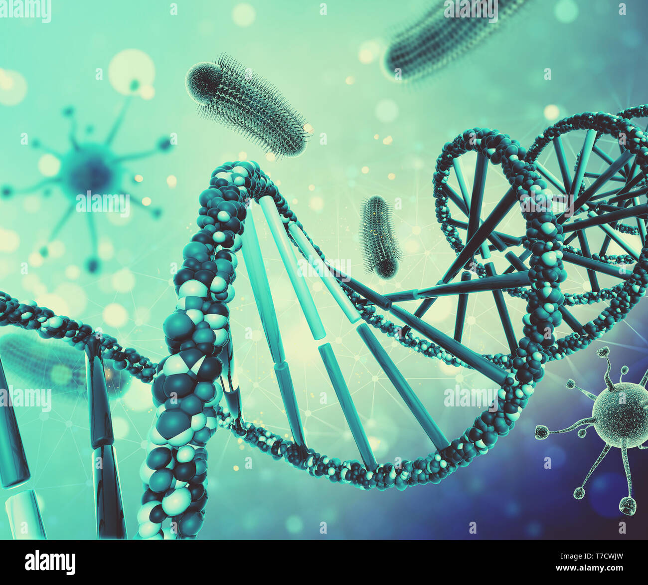 3D render of a medical background with virus cells and DNA strand Stock ...