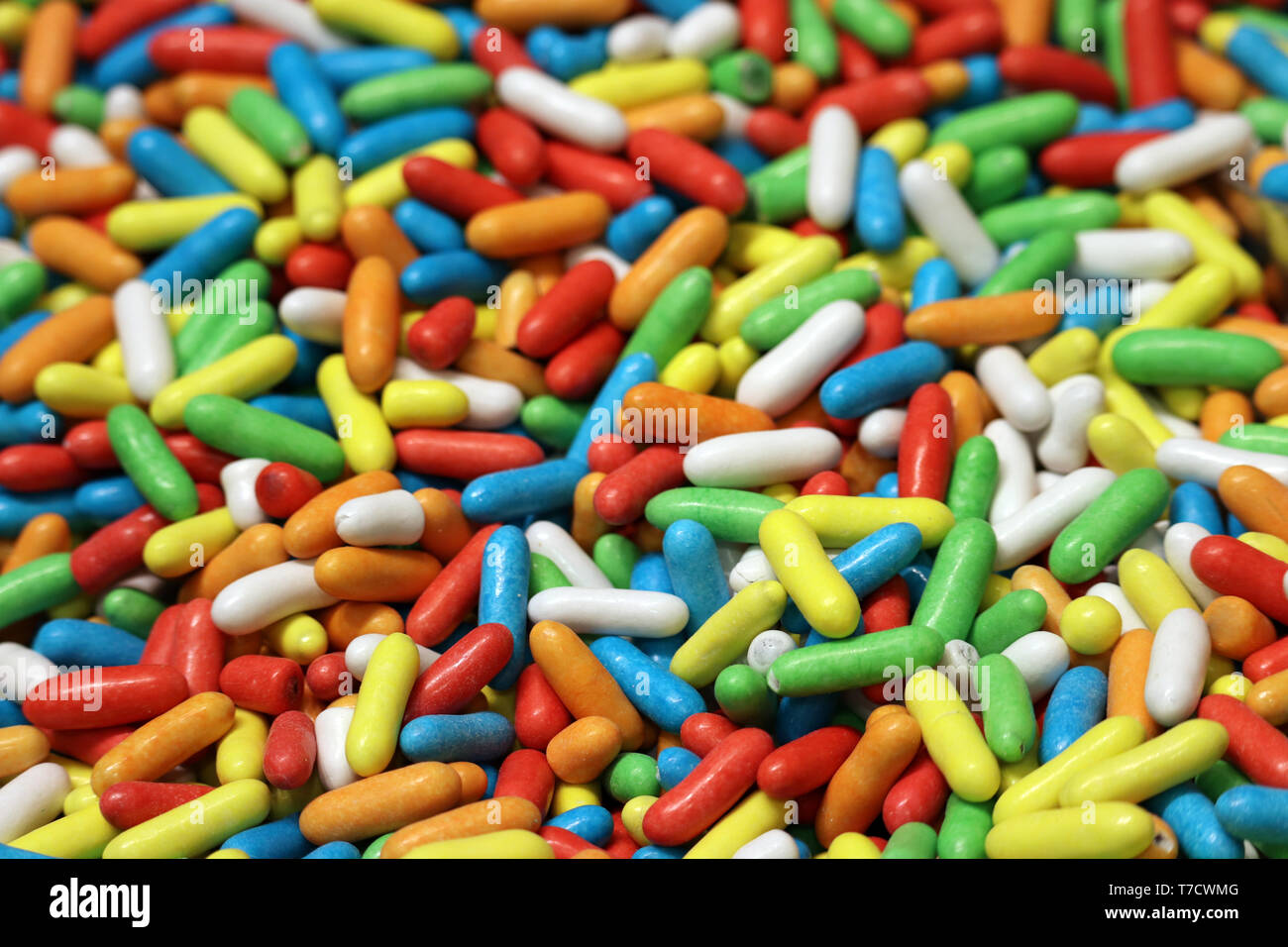 Colorful candy, selective focus. Red, green, blue, white and yellow sweets, pile of fruit candies for background Stock Photo