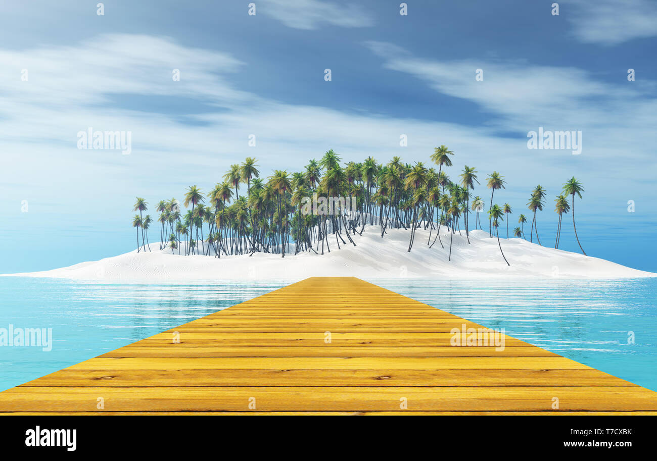 3D render of a wooden jetty leading to a tropical island with palm ...