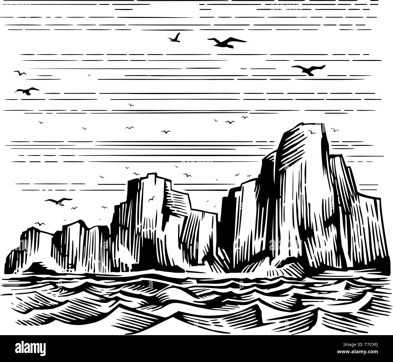 Sea cliffs and seagulls landscape Stock Vector
