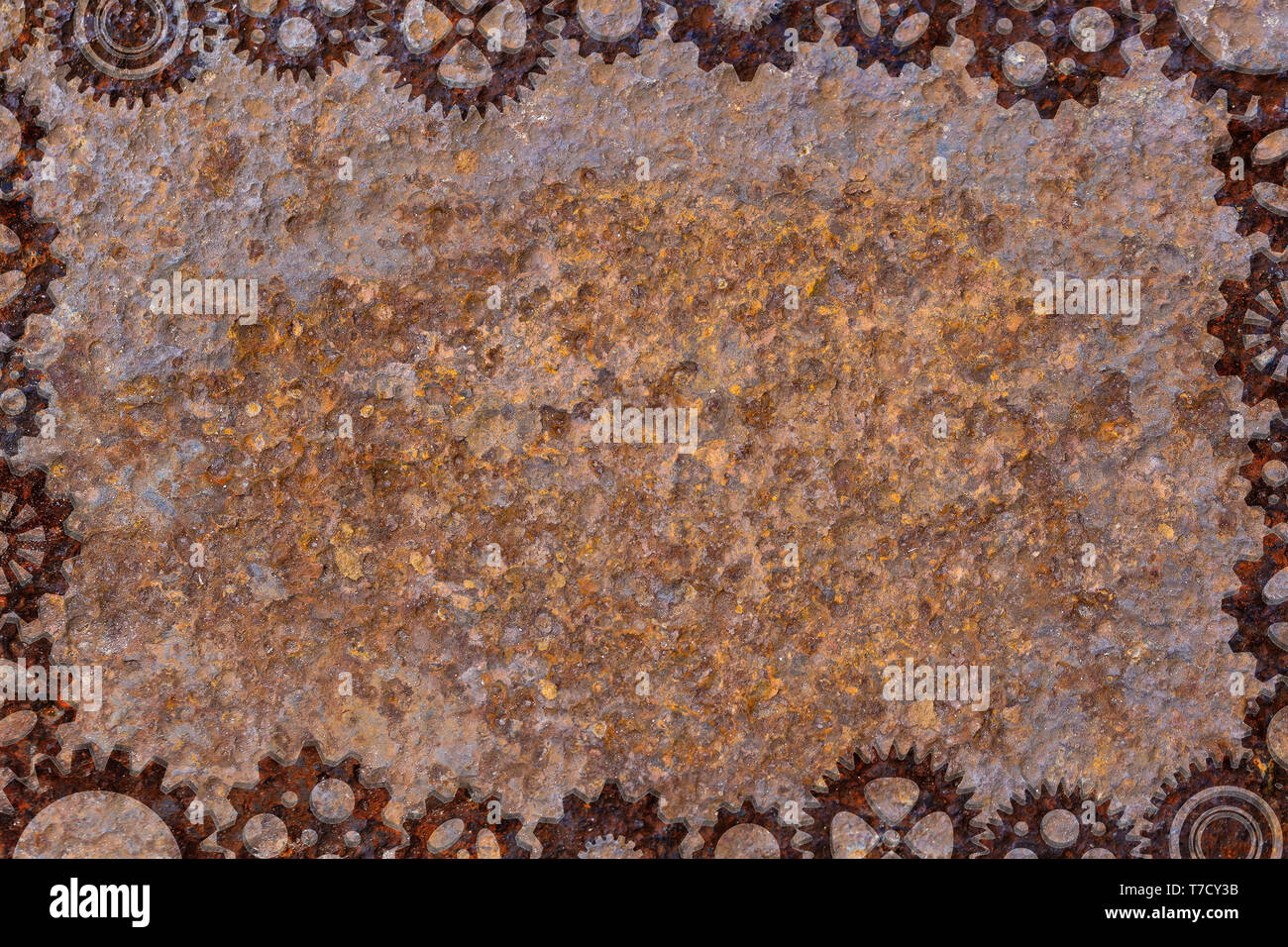 Abstract background of rusty metal with a frame of gears. Copy space,template. Stock Photo
