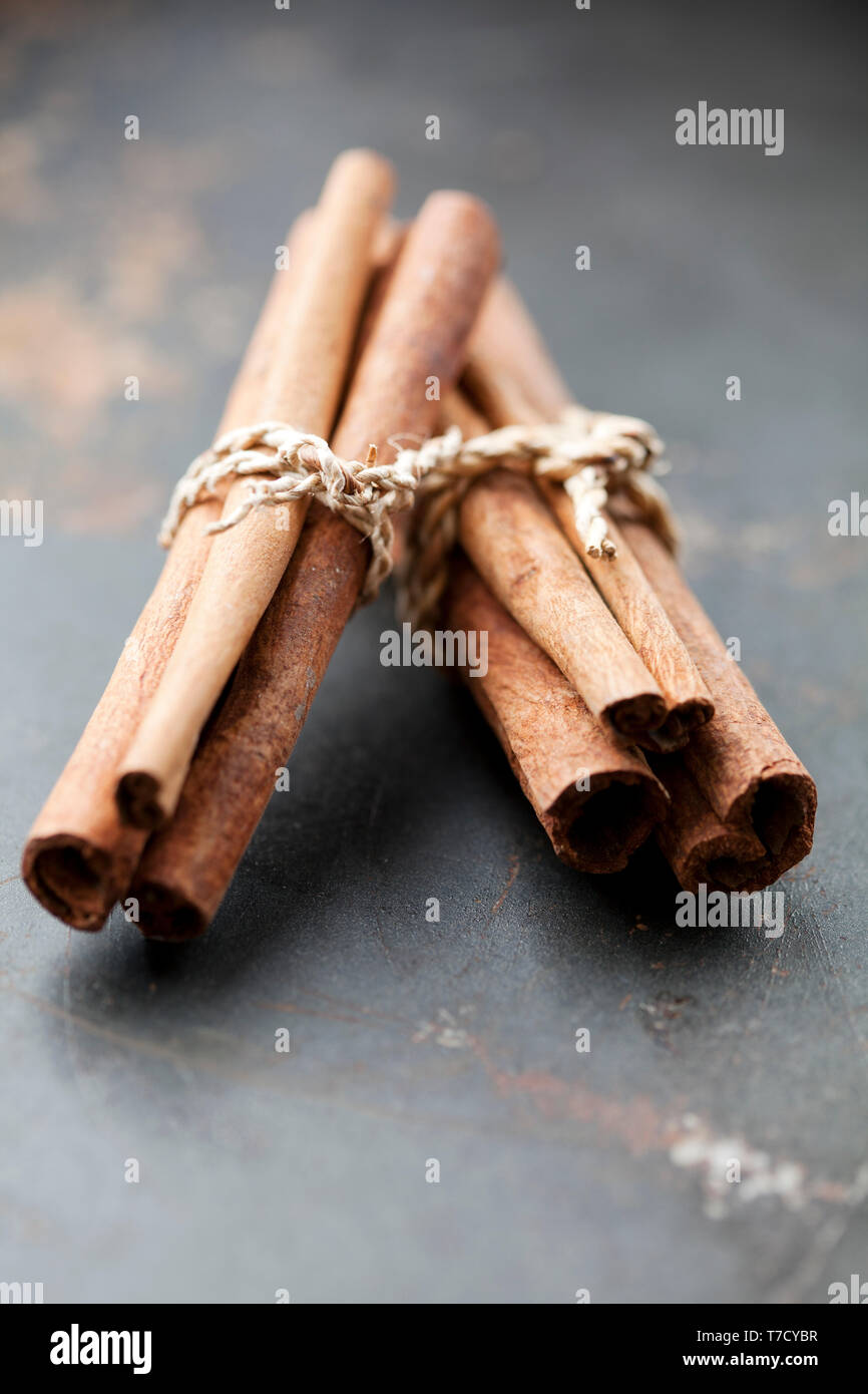 bundle of dried cinnamon sticks Stock Photo